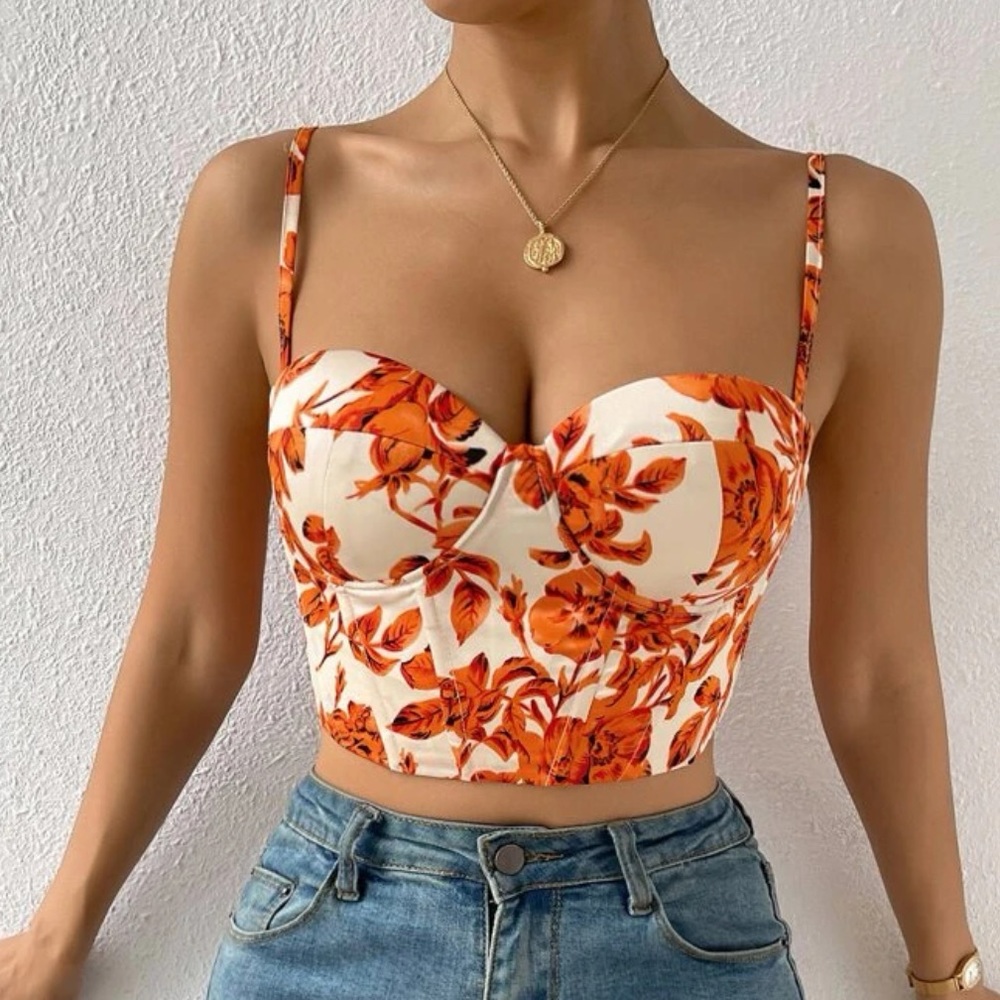 Floral Orange Bustier Crop Top - Women